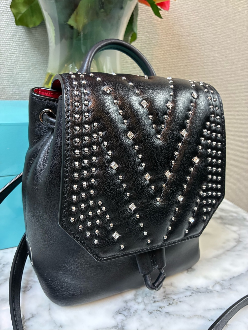MCM Studded Diamond Disco Black Leather Mini Backpack w/ Crystal Accents - EUC - Picture 2 of 15